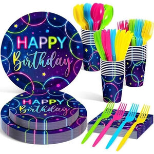 Neon Happy Birthday Party Tableware Set 168 Pcs
